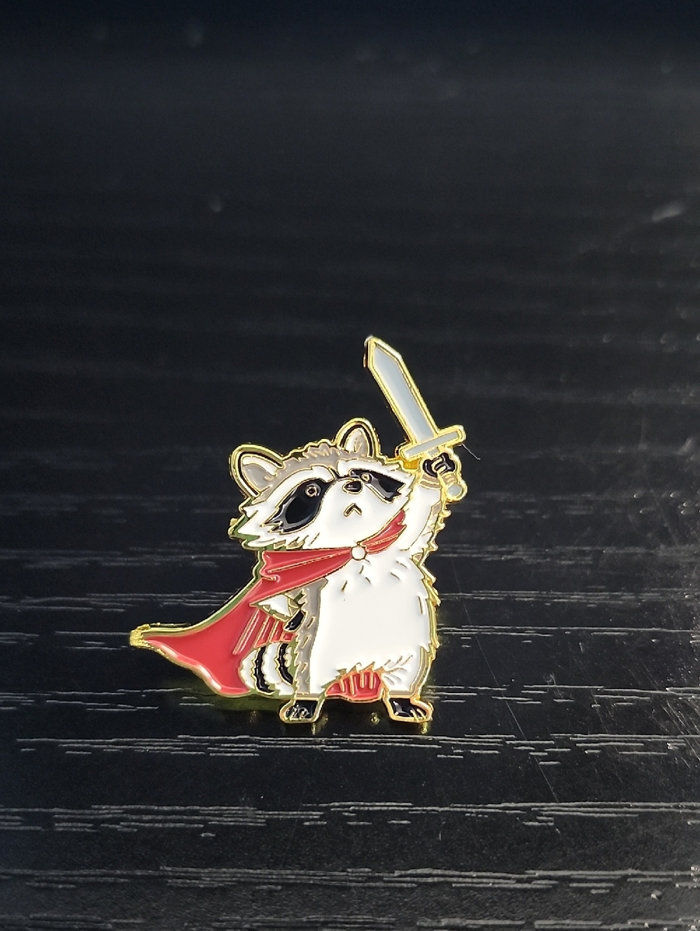 Gold-Trim Enamel Raccoon Brooch in White & Red